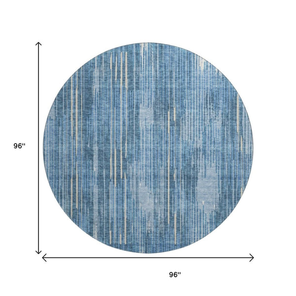 HomeRoots 8' Blue And Ivory Striped Round Rug - Durable, Stain-Resistant, UV Protected for Modern Spaces! 670997