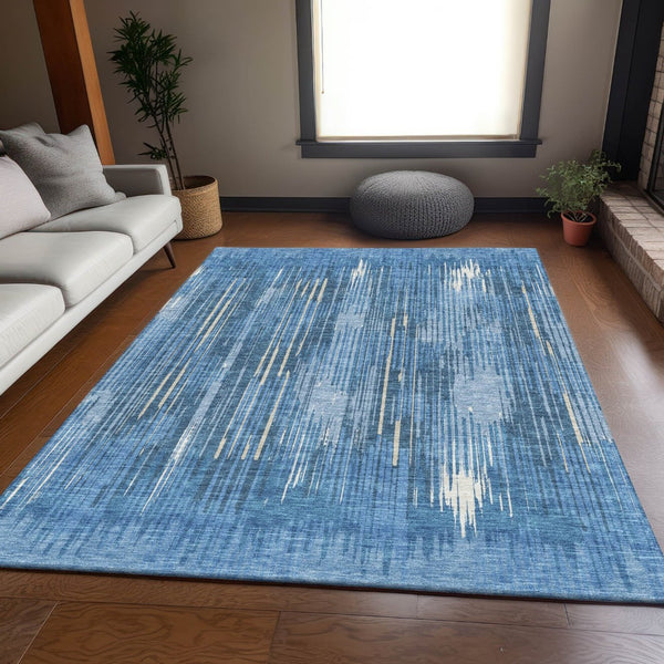 HomeRoots 8' X 10' Blue And Ivory Striped Washable Area Rug - Durable, Stain Resistant, UV Protected Design 670998