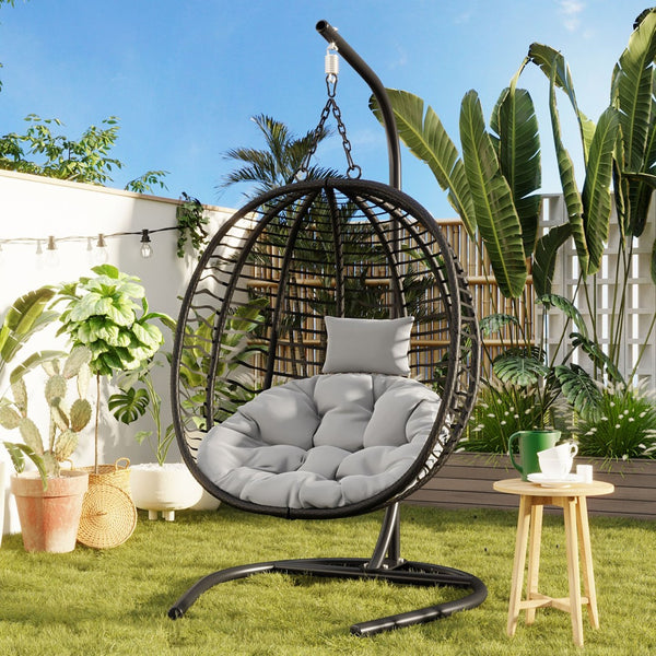 English Elm U_style Wicker Hanging Egg Chair with Stand Hdpe Cocoon Swing for Balcony Garden Black+ Gray N711P389503E