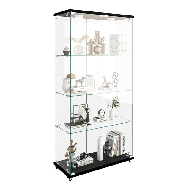 English Elm Modern Tempered Glass Display Cabinet With Led Lights - 2-Door, 4-Shelf Antique Style For Home & Retail W241S00055