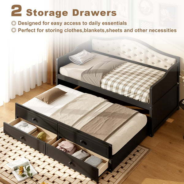 English Elm Twin Daybed with Trundle and 2 Storage Drawers, Upholstered Button-Tufted Sofa Bed for Guest Room Comfort and Organization Black 45.25 L x 19 W x 8 H N733S346767P