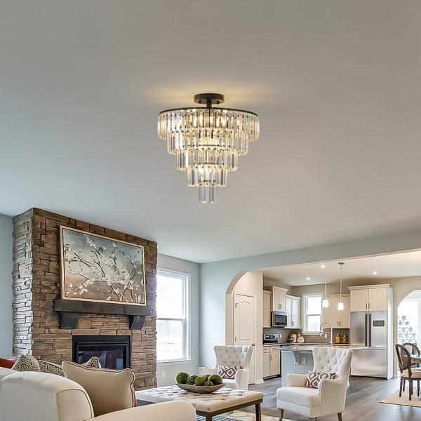 English Elm 20" Black Crystal Chandelier 10-Light Flush Mount, Modern Luxury K9 Crystal 5-Layer Fixture for Living Room Dining Bedroom W2312P374962