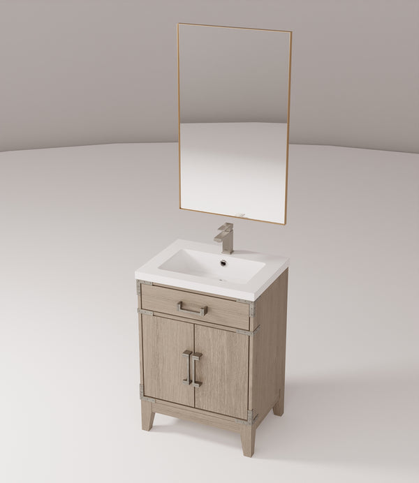 English Elm Grey Oak Single Bath Vanity 24"W x 18"D with Acrylic Countertop, 18" Mirror & Chrome Faucet Set — Durable, Hand-Finished Appearance B2731S02001
