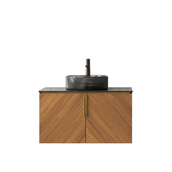 English Elm Arai 30" Modern Wall-Mounted Bathroom Vanity With Sink, Elegant Black Glass & Oak Storage Cabinet W2615S00311
