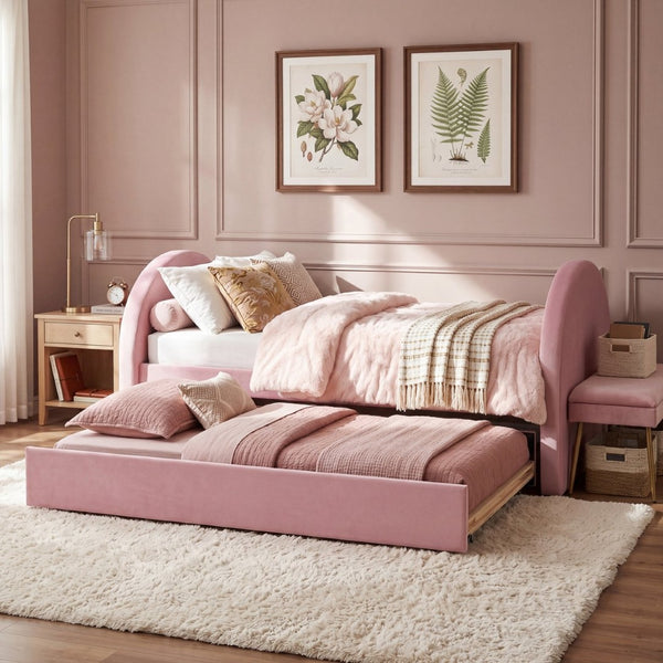 English Elm Twin Upholstered Daybed with Pull Out Trundle Plush Padded Frame for Kids Rooms N757T387568P