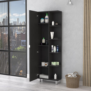 English Elm Urano Mirrored Linen Cabinet with 4 Interior Adjustable Shelves and 5 Open Exterior Storage Shelves Black 63.4 L x 16.5 W x 4.7 H B20091988