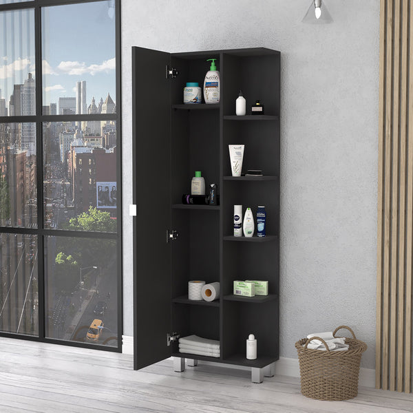 English Elm Urano Mirrored Linen Cabinet with 4 Interior Adjustable Shelves and 5 Open Exterior Storage Shelves Black 63.4 L x 16.5 W x 4.7 H B20091988