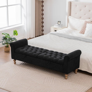 English Elm 65.75" Upholstered Storage Bench Napped Fabric Dual Lids Walnut Legs Bedroom Seating W3098P397303