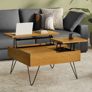 English Elm Hunter Solid Oak Lift Top Square Coffee Table with Hidden Storage and Hairpin Legs B136P429095