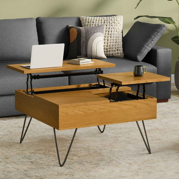 English Elm Hunter Solid Oak Lift Top Square Coffee Table with Hidden Storage and Hairpin Legs B136P429095