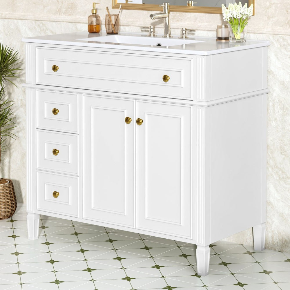 English Elm 36 Inch Freestanding Bathroom Vanity Sage Pine Cabinet Gold Hardware Ceramic Sink White N725P366468K