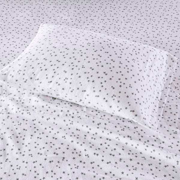 JLA Home Intelligent Design - 100% Cotton Flannel Sheet Set – Ultra-Soft 135gsm Pigment Print for Warmth, Breathable Comfort & Lasting Color Grey Stars ID20-1540