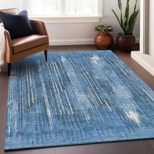 HomeRoots 10' Blue and Ivory Striped Washable Area Rug - Durable, UV-Protected, Perfect for Family Spaces! 671000