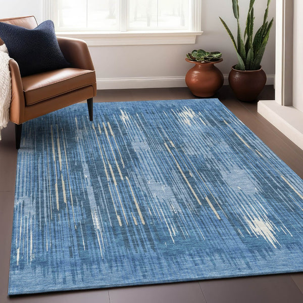 HomeRoots 10' Blue and Ivory Striped Washable Area Rug - Durable, UV-Protected, Perfect for Family Spaces! 671000