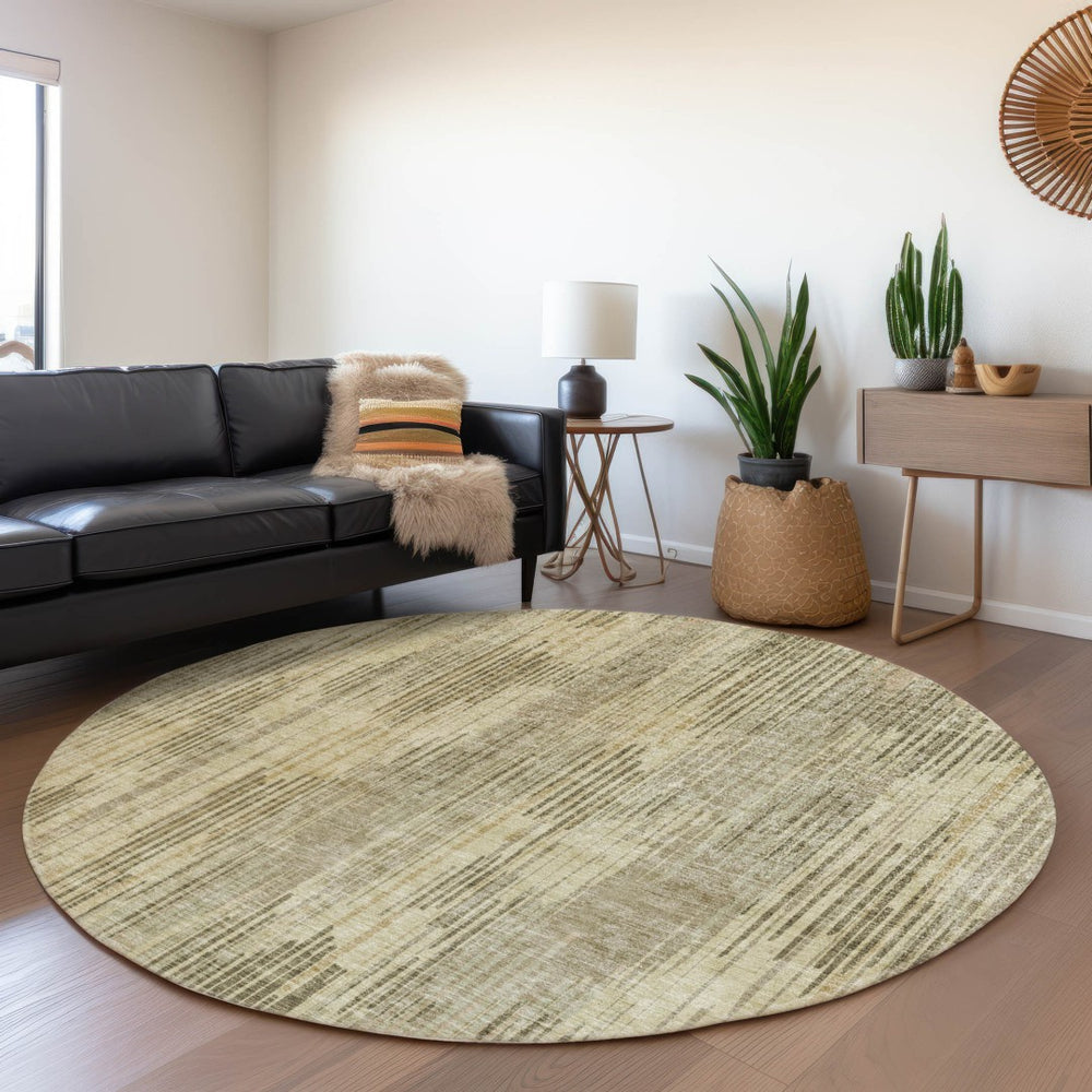 HomeRoots 8' Striped Washable Round Rug in Brown & Beige – UV Protected, Durable & Easy to Clean for Any Space 671003