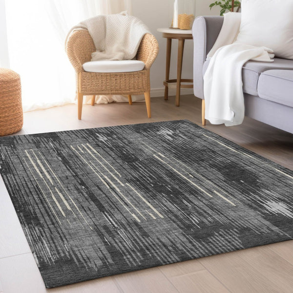 HomeRoots 5' X 8' Charcoal And Ivory Striped Area Rug - Washable, UV-Protected, Stylish for High-Traffic Spaces 671008