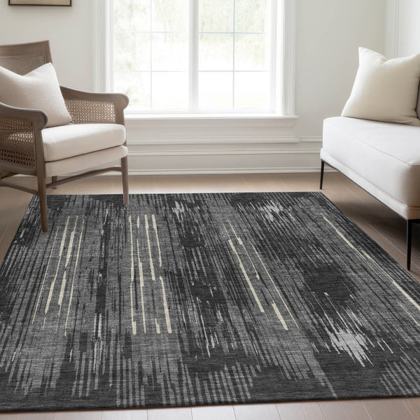 HomeRoots 5' X 8' Charcoal And Ivory Striped Area Rug - Washable, UV-Protected, Stylish for High-Traffic Spaces 671008