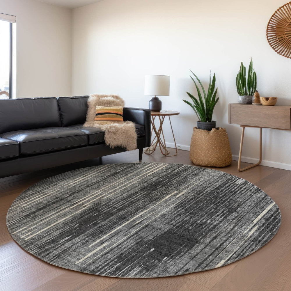 HomeRoots 8' Charcoal and Ivory Striped Round Rug – Washable, UV-Protected, Perfect for Homes with Kids & Pets! 671009