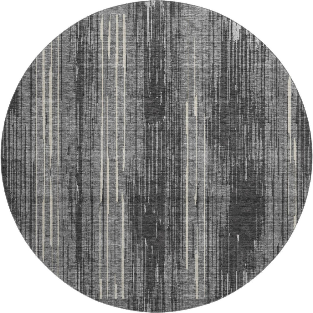 HomeRoots 8' Charcoal and Ivory Striped Round Rug – Washable, UV-Protected, Perfect for Homes with Kids & Pets! 671009