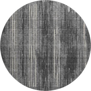 HomeRoots 8' Charcoal and Ivory Striped Round Rug – Washable, UV-Protected, Perfect for Homes with Kids & Pets! 671009