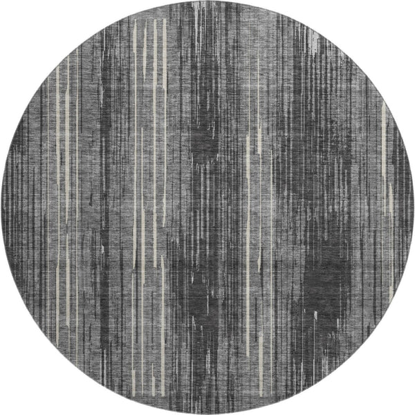 HomeRoots 8' Charcoal and Ivory Striped Round Rug – Washable, UV-Protected, Perfect for Homes with Kids & Pets! 671009