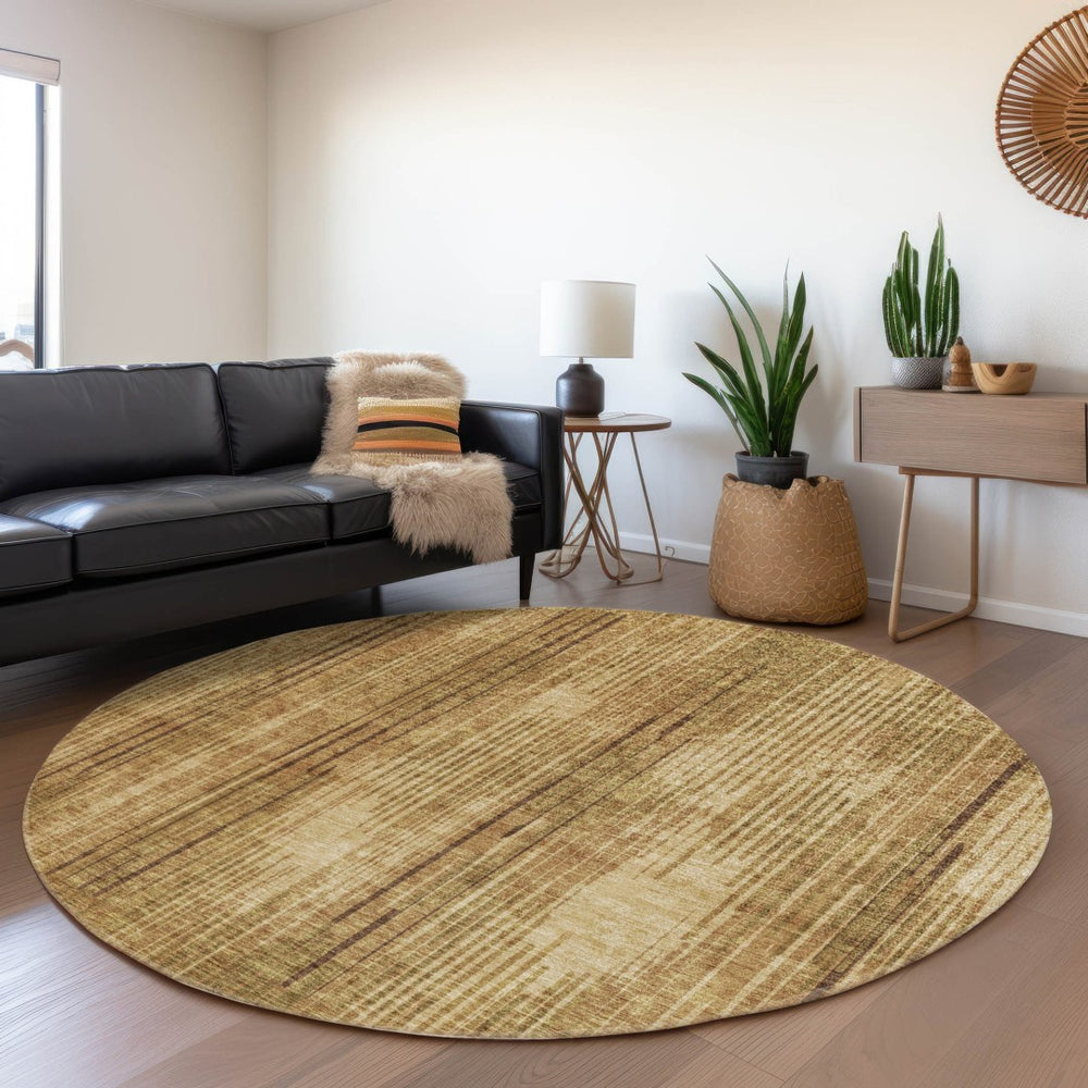 HomeRoots 8' Washable Round Rug in Rich Copper & Gold Stripes – UV Protected, Stain Resistant, Durable Design 671015