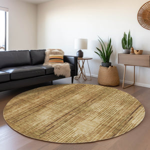 HomeRoots 8' Washable Round Rug in Rich Copper & Gold Stripes – UV Protected, Stain Resistant, Durable Design 671015