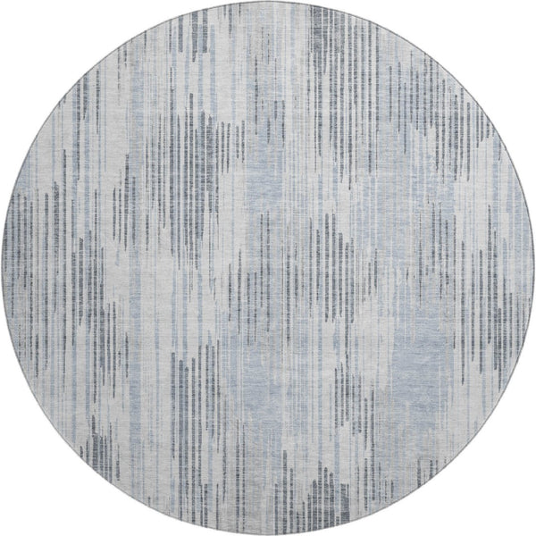 HomeRoots 8' Gray and Silver Striped Washable Round Rug - Durable, UV-Protected, Stylish Design for Any Room 671021
