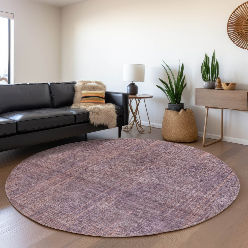HomeRoots 8' Mauve and Plum Striped Washable Round Rug – Stain-Resistant, UV Protected, Perfect for Busy Homes! 671027
