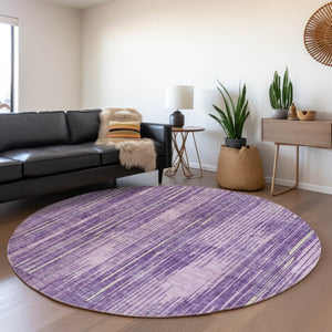 HomeRoots 8' Striped Purple and Lavender Washable Round Rug with UV Protection for Modern Homes and Durability 671033