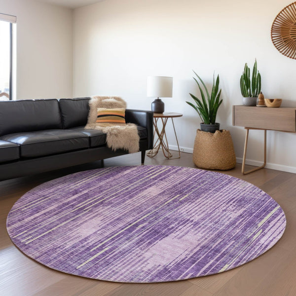 HomeRoots 8' Striped Purple and Lavender Washable Round Rug with UV Protection for Modern Homes and Durability 671033