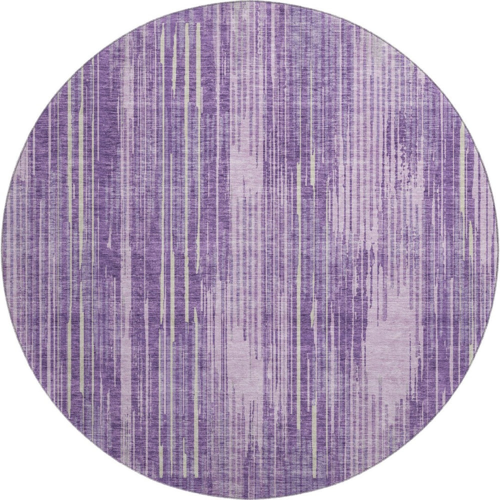 HomeRoots 8' Striped Purple and Lavender Washable Round Rug with UV Protection for Modern Homes and Durability 671033