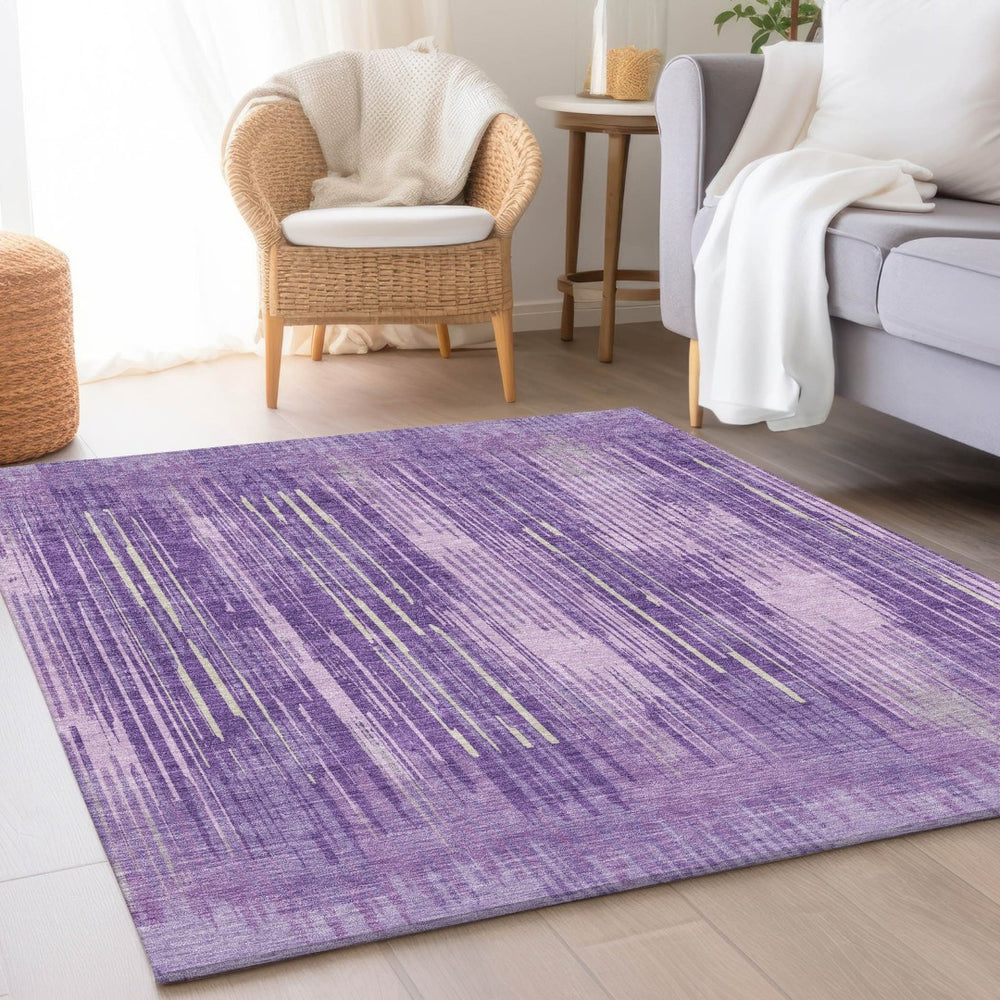 HomeRoots 10' X 14' Striped Area Rug in Purple & Lavender – Washable, UV Protected, Stylish & Durable Design 671036
