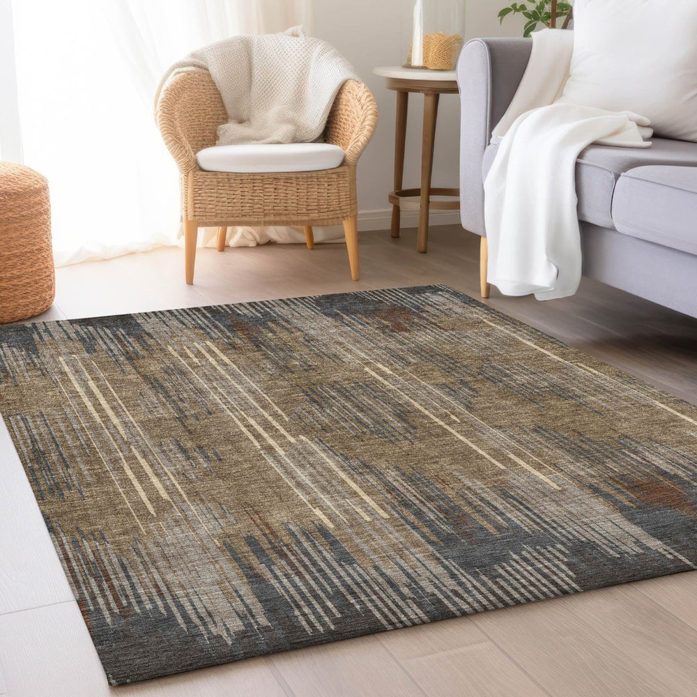HomeRoots 5' X 8' Durable Taupe & Beige Striped Area Rug - Stain Resistant, UV Protected, Easy-Care Design! 671038