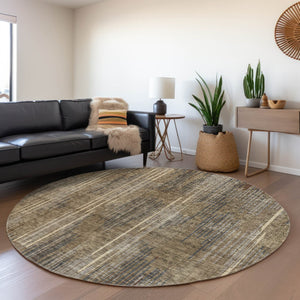 HomeRoots 8' Washable Round Rug in Chic Taupe & Beige Stripes - Durable, Stain-Resistant, UV Protected Design 671039