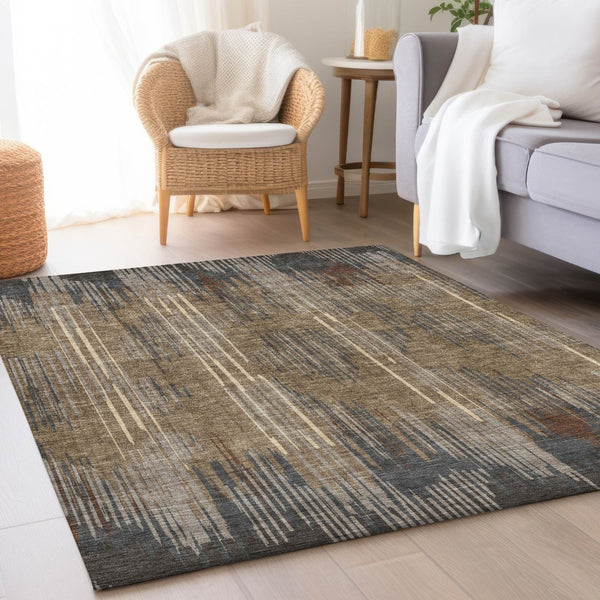 HomeRoots 8' X 10' Taupe and Beige Striped Washable Area Rug - Durable, Stain Resistant, UV Protected Design! 671040