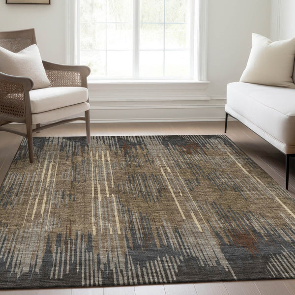 HomeRoots 8' X 10' Taupe and Beige Striped Washable Area Rug - Durable, Stain Resistant, UV Protected Design! 671040