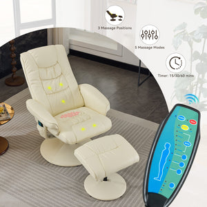 English Elm 015-Recliner Ergonomic Swivel Massage Chair with Ottoman, Heated 5-Point Vibration, 140° PU Recliner Beige W2636P262437