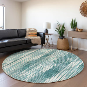 HomeRoots 8' Teal and Ivory Striped Washable Round Rug - Stain Resistant, UV Protected, Perfect for High-Traffic Areas 671045