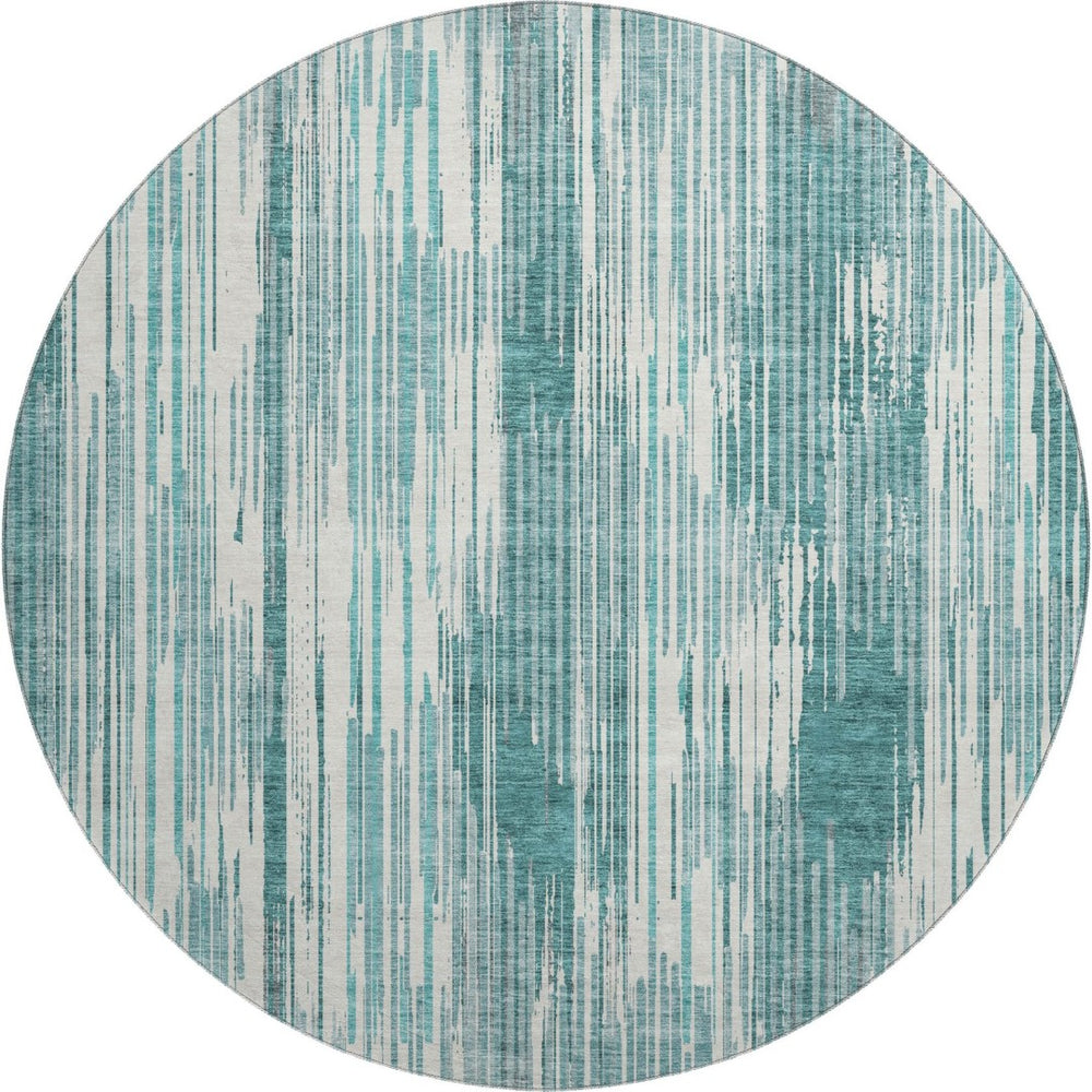 HomeRoots 8' Teal and Ivory Striped Washable Round Rug - Stain Resistant, UV Protected, Perfect for High-Traffic Areas 671045