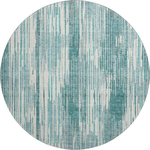 HomeRoots 8' Teal and Ivory Striped Washable Round Rug - Stain Resistant, UV Protected, Perfect for High-Traffic Areas 671045