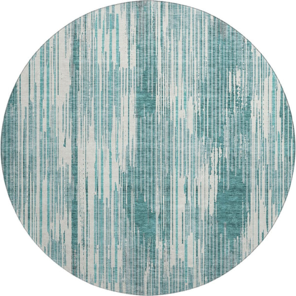 HomeRoots 8' Teal and Ivory Striped Washable Round Rug - Stain Resistant, UV Protected, Perfect for High-Traffic Areas 671045