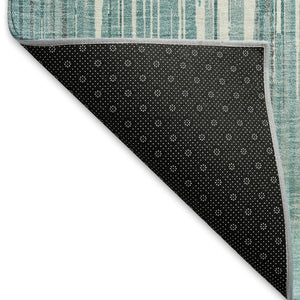 HomeRoots 8' Teal and Ivory Striped Washable Round Rug - Stain Resistant, UV Protected, Perfect for High-Traffic Areas 671045