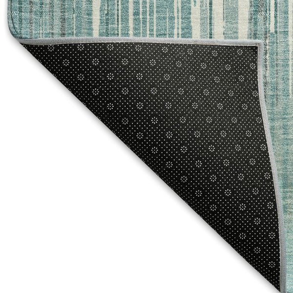 HomeRoots 8' Teal and Ivory Striped Washable Round Rug - Stain Resistant, UV Protected, Perfect for High-Traffic Areas 671045