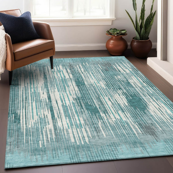 HomeRoots 8' X 10' Coastal Teal and Ivory Striped Area Rug - Washable, UV Protected, Durable & Stylish Design 671046