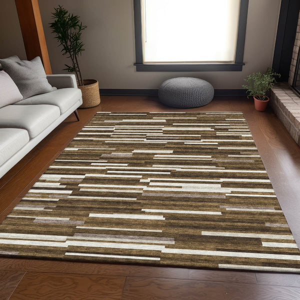 HomeRoots 5' X 8' Brown And Ivory Striped Area Rug - Durable, Washable, UV-Protected for Homes with Kids & Pets 671050