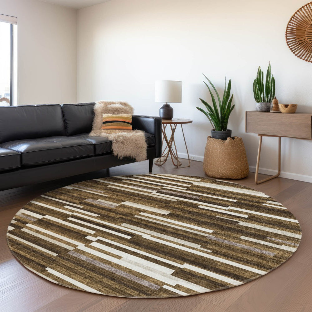 HomeRoots 8' Brown and Ivory Striped Washable Round Rug – Durable, Stain-Resistant, UV-Protected for Homes 671051