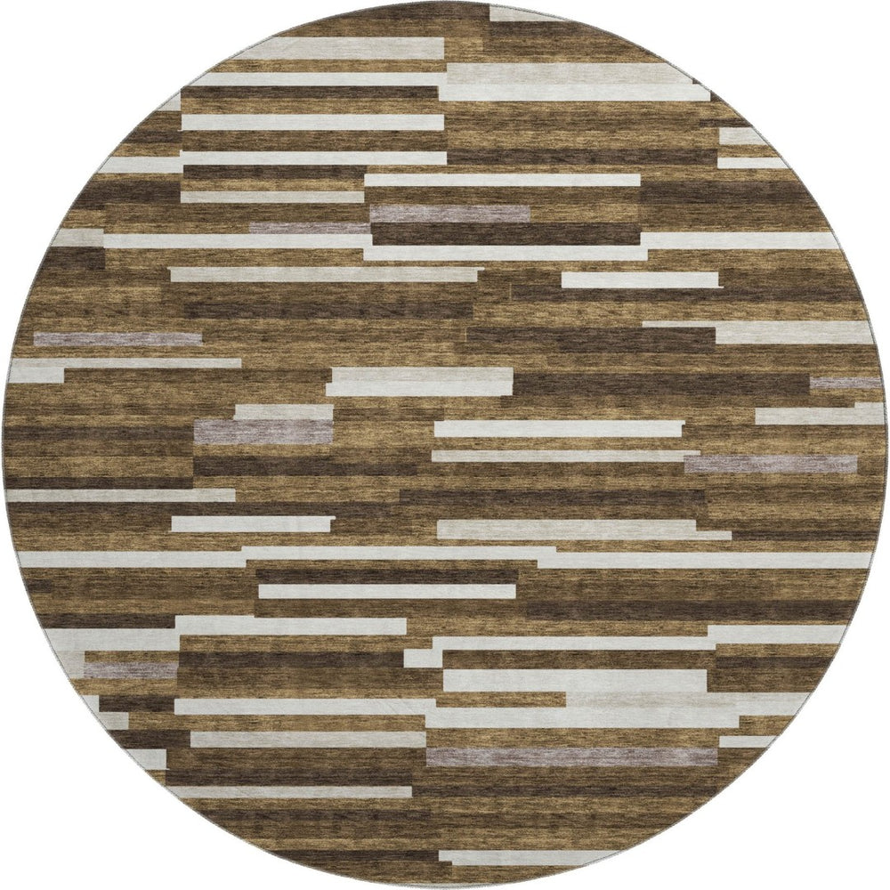 HomeRoots 8' Brown and Ivory Striped Washable Round Rug – Durable, Stain-Resistant, UV-Protected for Homes 671051