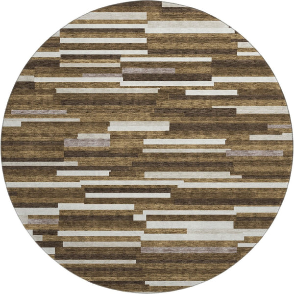 HomeRoots 8' Brown and Ivory Striped Washable Round Rug – Durable, Stain-Resistant, UV-Protected for Homes 671051
