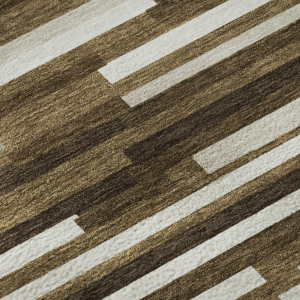 HomeRoots 8' Brown and Ivory Striped Washable Round Rug – Durable, Stain-Resistant, UV-Protected for Homes 671051